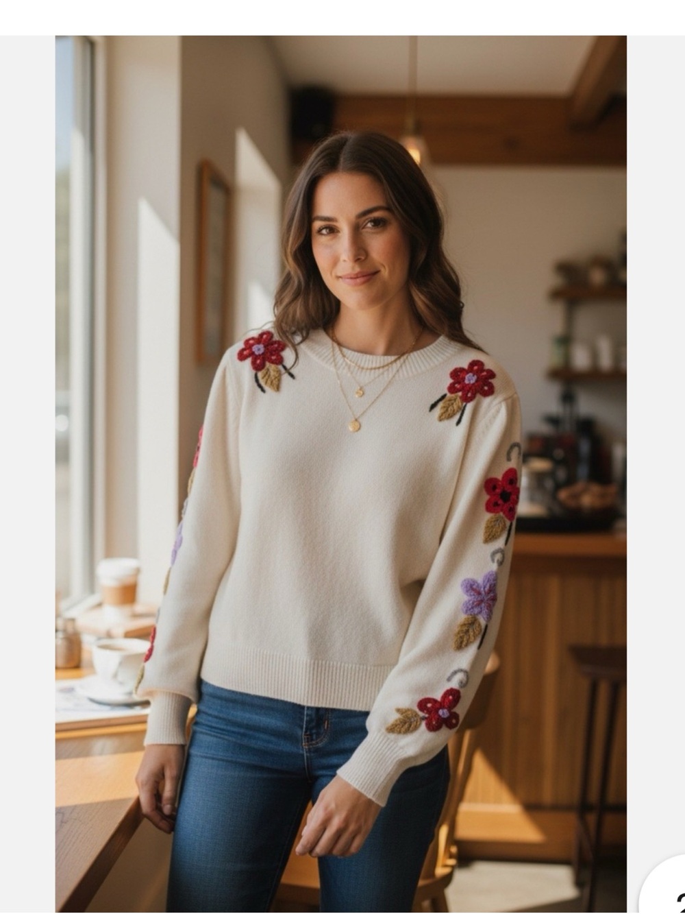 Something Navy Cream Floral-Embroidered Cowlneck Sweater